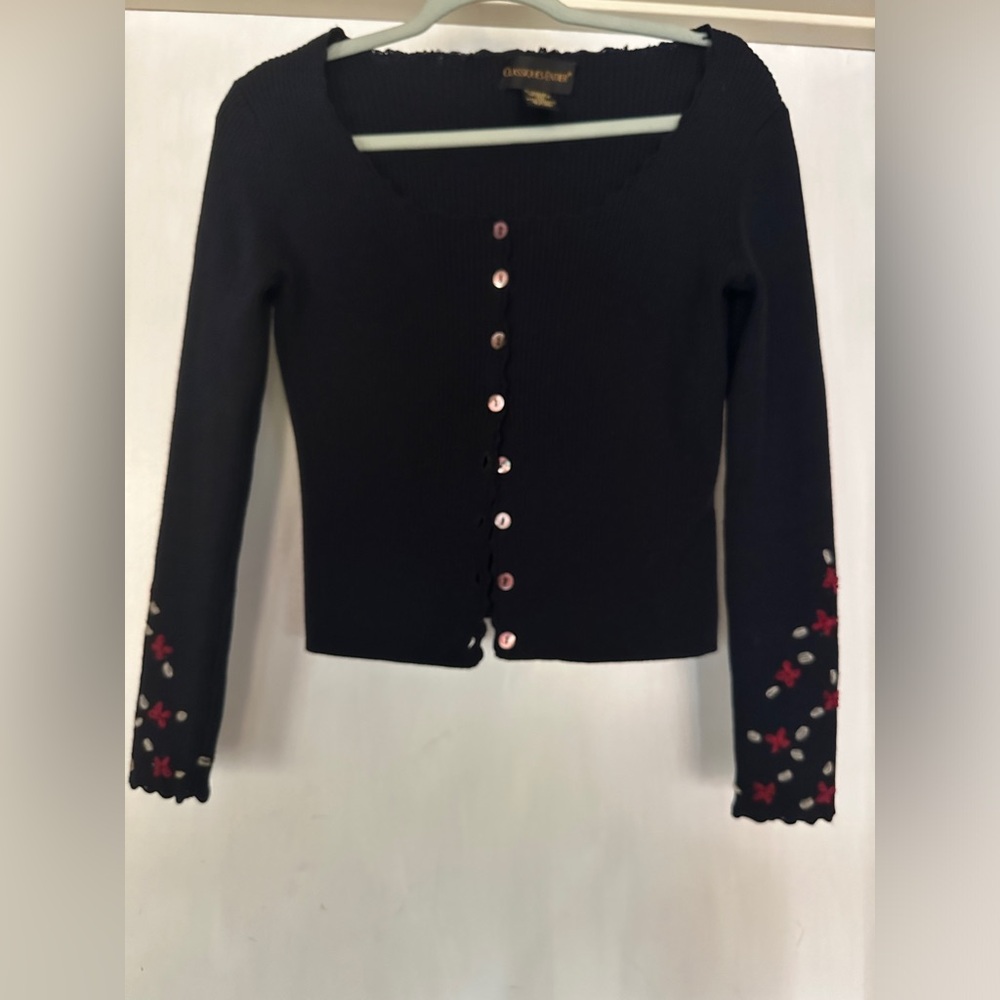 Classiques Entier Black Cardigan with Red Floral Accents